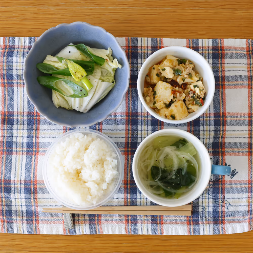 ごはん、麻婆豆腐、白菜とネギの蒸し野菜、野菜スープ