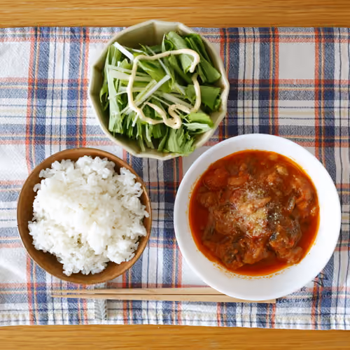 2026-08-13 の朝食（ごはん、トマト煮込み、水菜のサラダ）