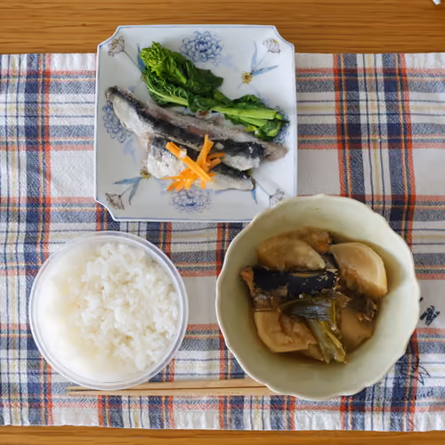 2026-04-03 の昼食（ごはん、イワシの煮付け、菜の花のおひたし、大根と魚の煮物）