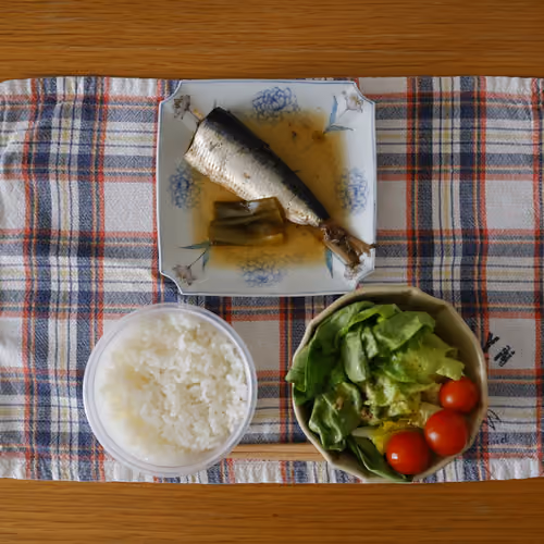 2026-03-07 の朝食（白ごはん、イワシの煮付け、サラダ）