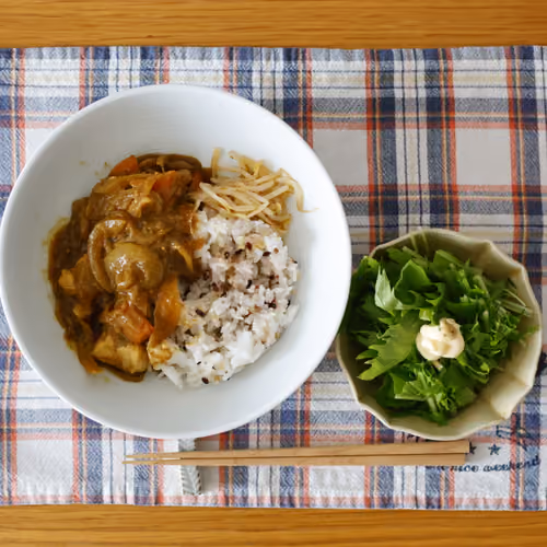 2026-08-03 の朝食（カレーライス、もやしのナムル、水菜のサラダ）